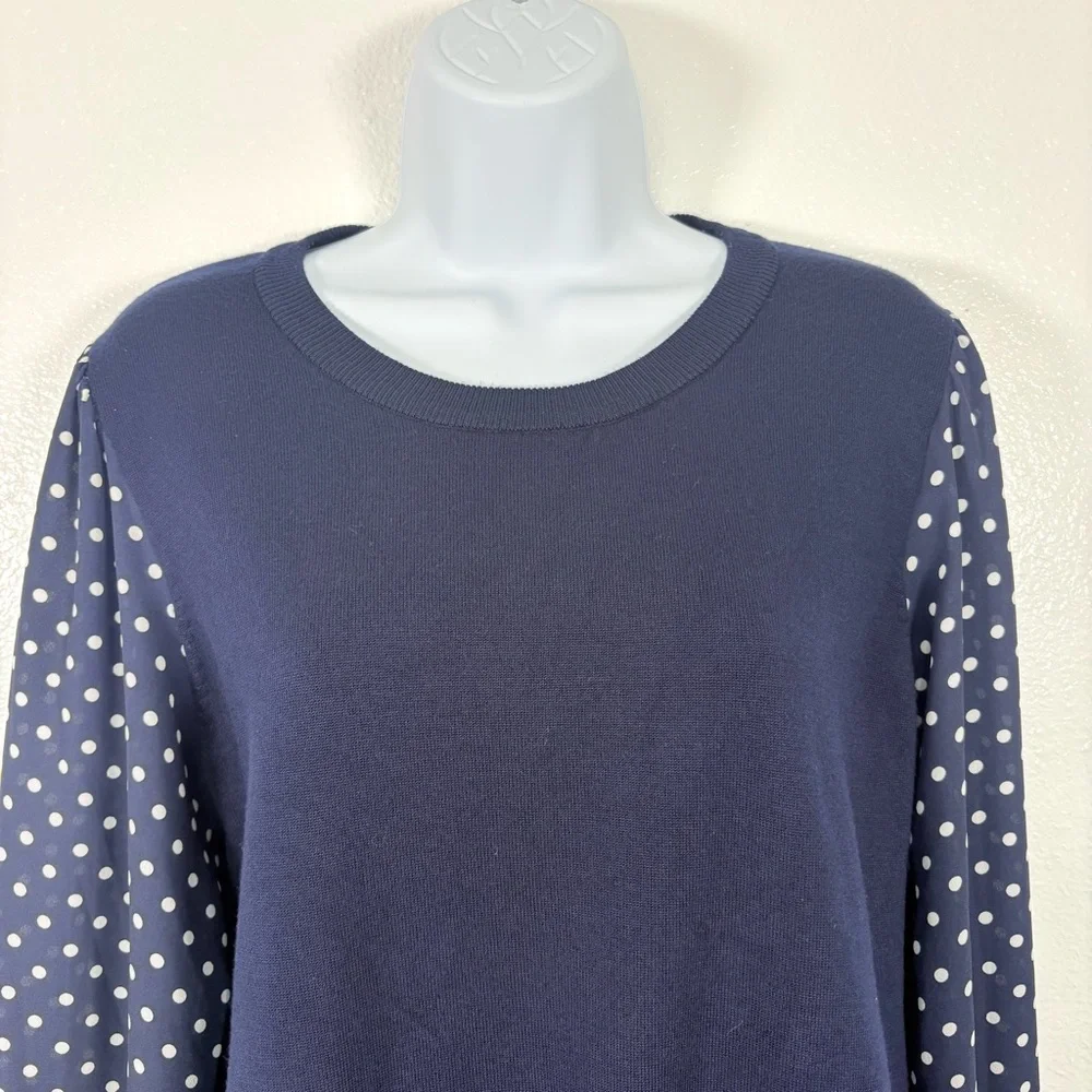 Adrianna Papell Dark Blue Top with Polka Dot Pattern Sheer Sleeves SzL Preppy - Picture 4 of 11
